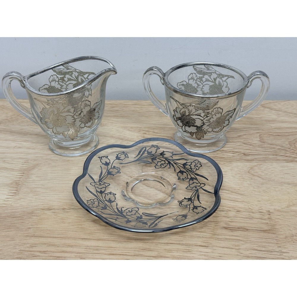 Fostoria Fairfax sugar,cream & Plate silver overlay Peony by Rockwell Silver #35